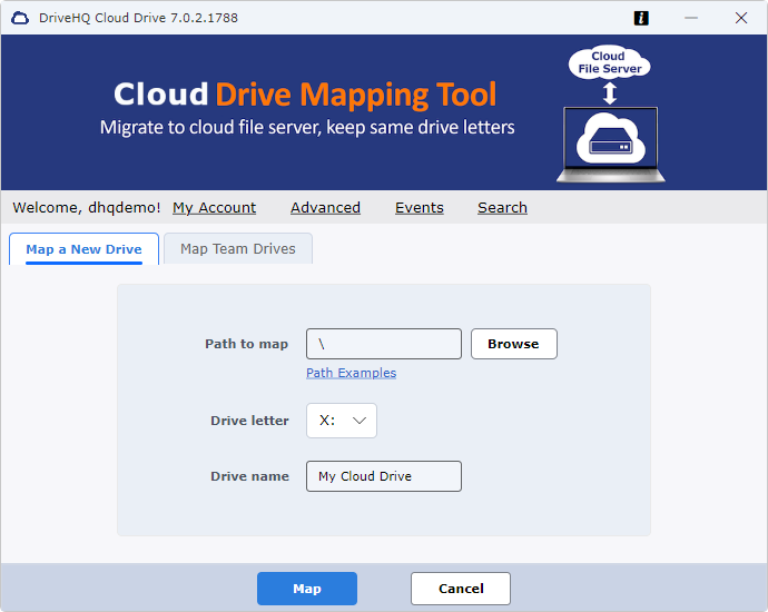 Using DriveHQ CDMT to map a cloud drive