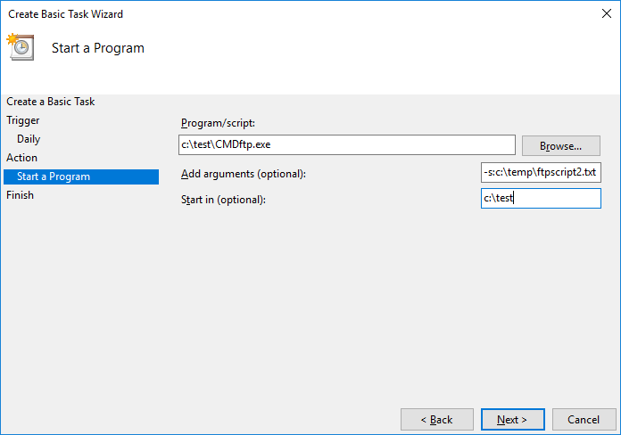 Scheduled Task - Action - Select DriveHQ CommandFTP