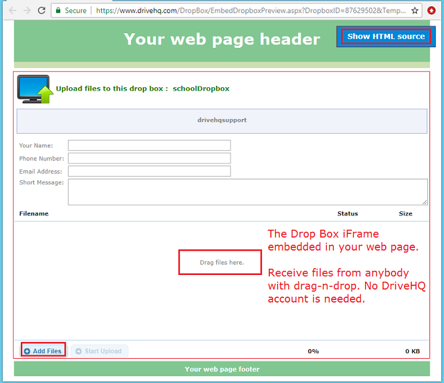 Sample code: Embed a File Drop Box in your own web page