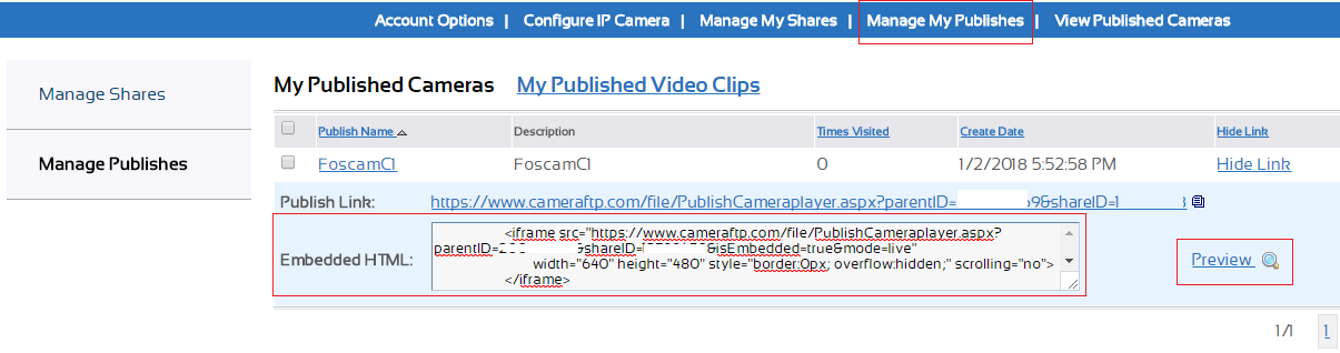 Get the embedded camera publish URL