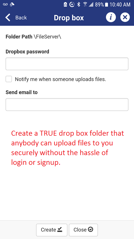 DriveHQ FileManager for Android screenshot - Create file drop box folder