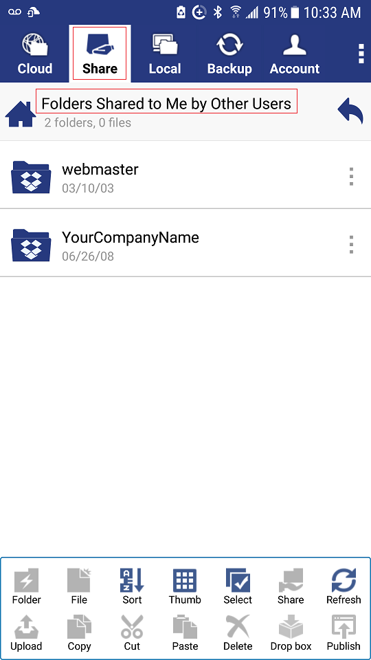 DriveHQ FileManager for Android - Main screen showing shared with me