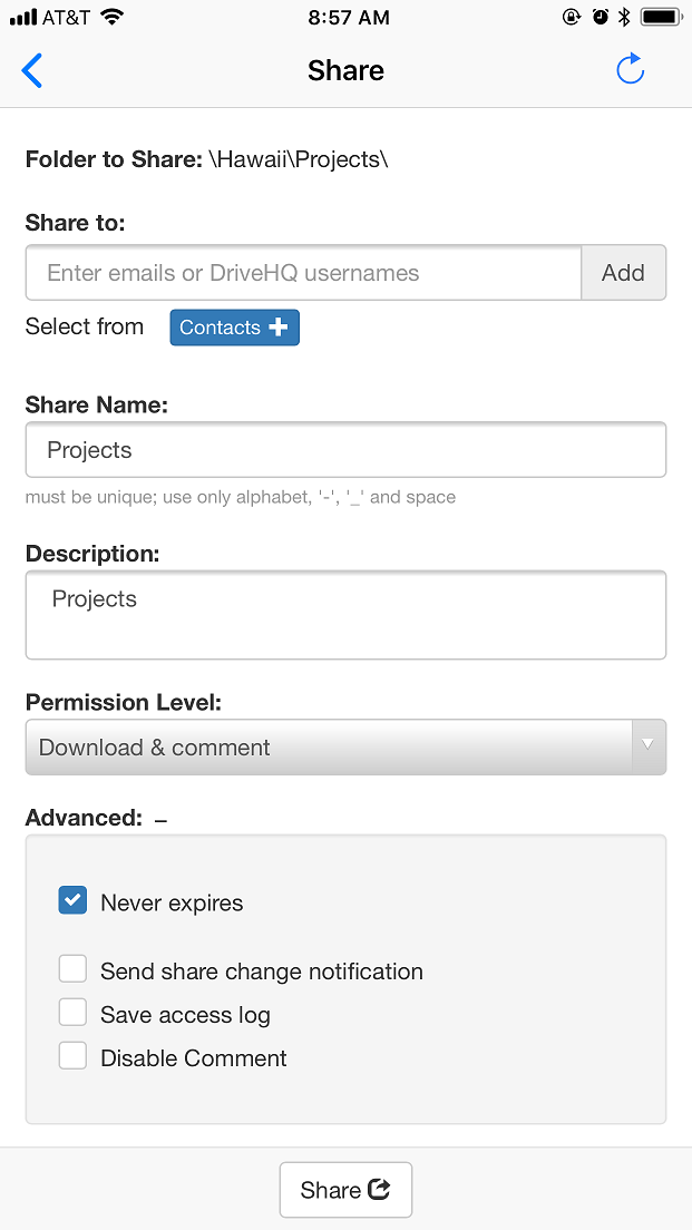 DriveHQ FileManager for iPhone screenshots - Cloud File Storage, Sync & Sharing software